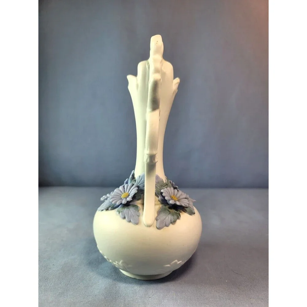 Blue Ewer Flowers Bud Vase Vintage Raised White Ceramic Applied Decoration